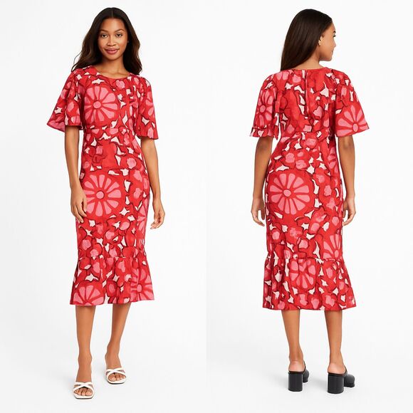 Rhode x Target Red Floral Linen Blend Midi Dress Ruffle Hem Short Sleeve 4 NWT - Picture 1 of 8